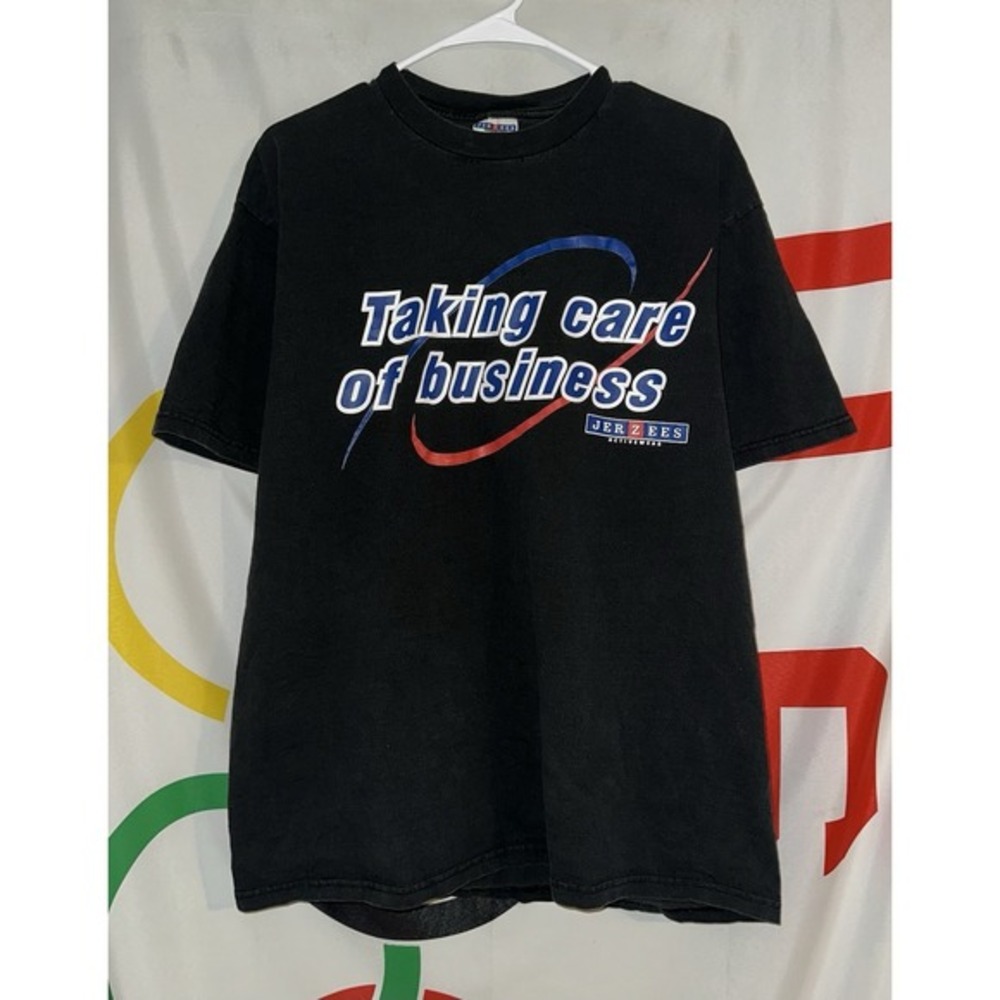Vintage‎ Jerzees T Shirt Large Black Taking Care Of Business 90s